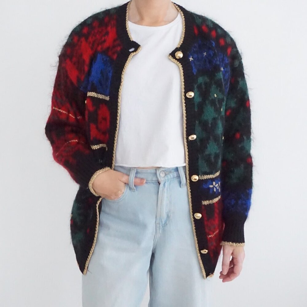 Vintage Susan Bristol Black Red Blue Plaid Hand Embroidered Gold Knit Cardigan M